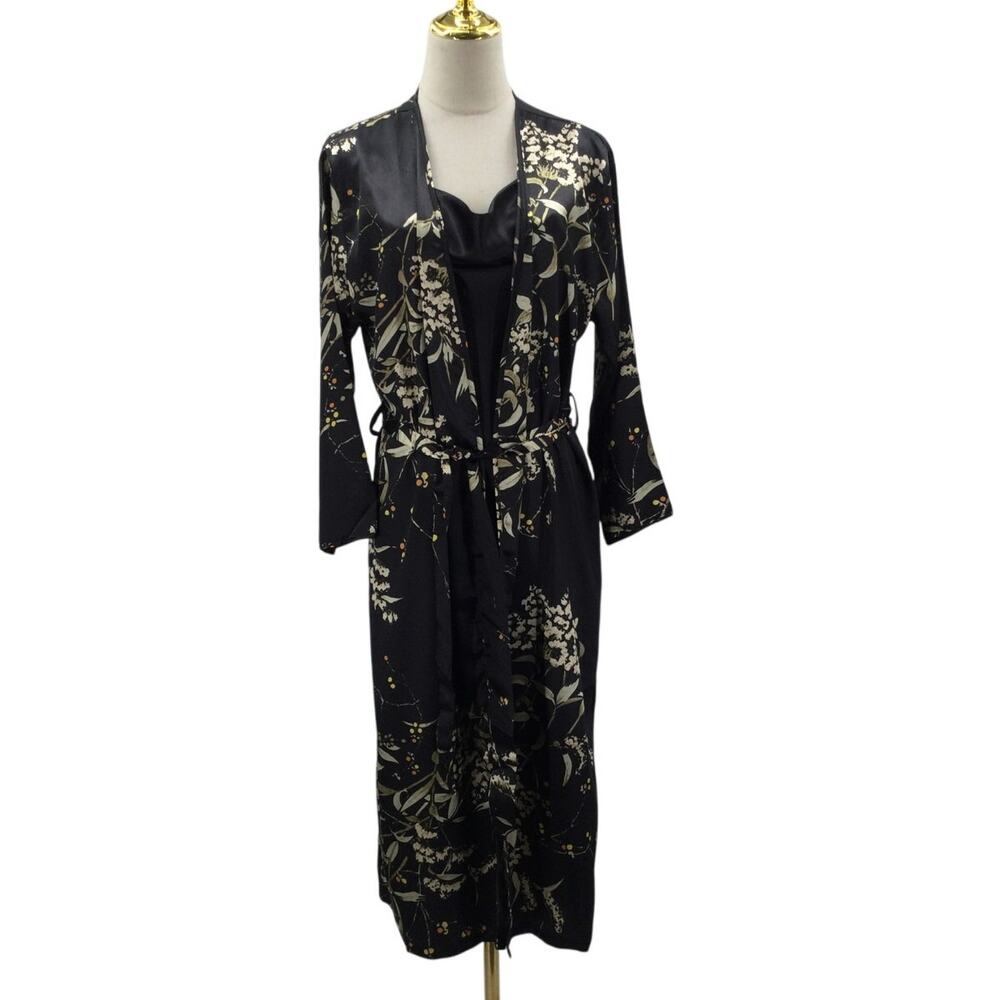 KIMONO SZ M black floral robe and slip pajama lounge 2 piece set NEW B115